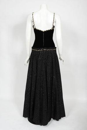 1970's Loris Azzaro Couture Black Gold Silk & Velvet Lace-Up Corset Gown