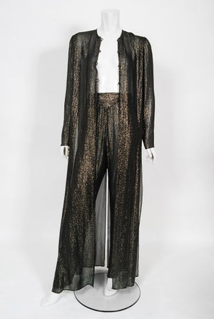1970's Jean Patou Sheer Metallic Lurex Silk Full-Length Jacket Pantsuit