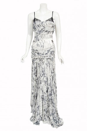 2006 John Galliano Documented Runway Newspaper Print Silk & Lace Gown