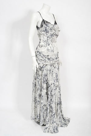 2006 John Galliano Documented Runway Newspaper Print Silk & Lace Gown