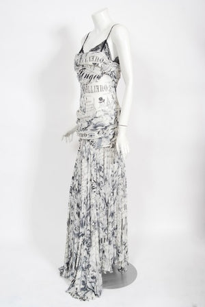 2006 John Galliano Documented Runway Newspaper Print Silk & Lace Gown