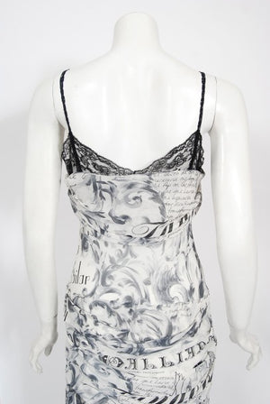 2006 John Galliano Documented Runway Newspaper Print Silk & Lace Gown
