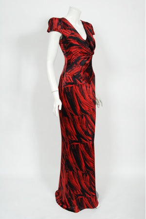 2009 Alexander McQueen Lifetime Red Feather Print Silk Low-Plunge Gown