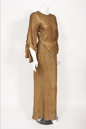 1930's Debenham & Freebody Metallic Gold Lamé Winged Sleeve Gown