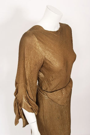 1930's Debenham & Freebody Metallic Gold Lamé Winged Sleeve Gown