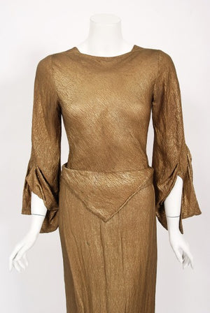 1930's Debenham & Freebody Metallic Gold Lamé Winged Sleeve Gown