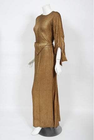 1930's Debenham & Freebody Metallic Gold Lamé Winged Sleeve Gown