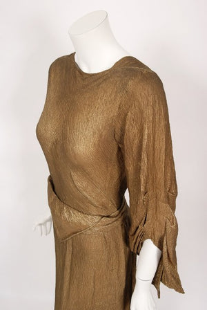 1930's Debenham & Freebody Metallic Gold Lamé Winged Sleeve Gown