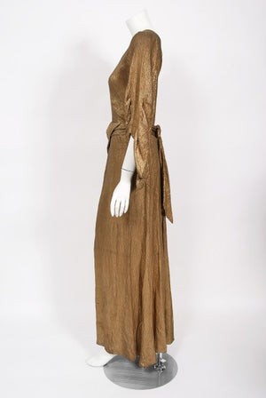 1930's Debenham & Freebody Metallic Gold Lamé Winged Sleeve Gown