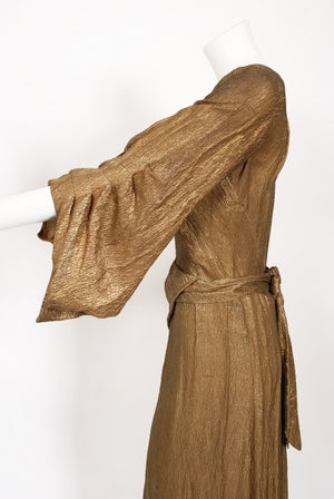 1930's Debenham & Freebody Metallic Gold Lamé Winged Sleeve Gown