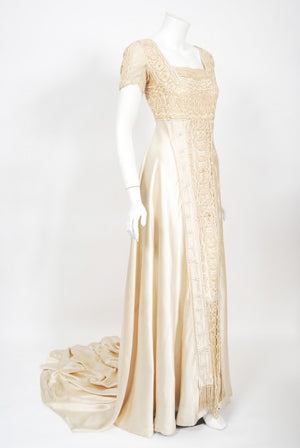1910's Ivory Candlelight Embroidered Net-Lace & Silk Satin Trained Bridal Gown