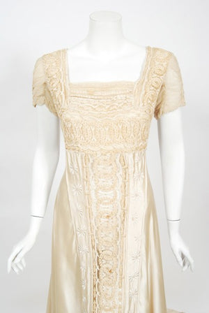 1910's Ivory Candlelight Embroidered Net-Lace & Silk Satin Trained Bridal Gown