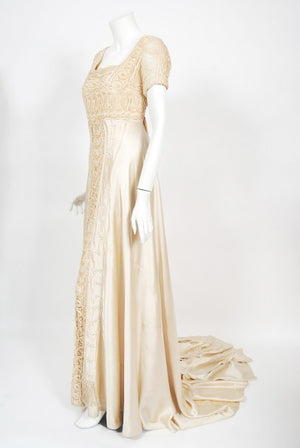 1910's Ivory Candlelight Embroidered Net-Lace & Silk Satin Trained Bridal Gown