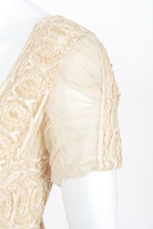 1910's Ivory Candlelight Embroidered Net-Lace & Silk Satin Trained Bridal Gown