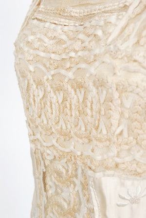 1910's Ivory Candlelight Embroidered Net-Lace & Silk Satin Trained Bridal Gown