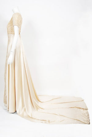1910's Ivory Candlelight Embroidered Net-Lace & Silk Satin Trained Bridal Gown