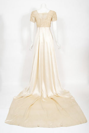 1910's Ivory Candlelight Embroidered Net-Lace & Silk Satin Trained Bridal Gown