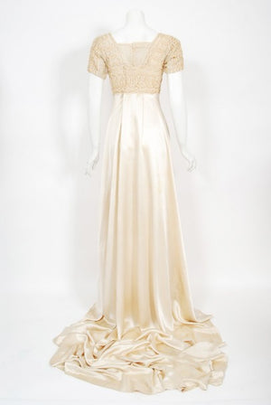 1910's Ivory Candlelight Embroidered Net-Lace & Silk Satin Trained Bridal Gown