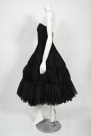 1955 Jean Dessès Haute Couture Documented Black Chiffon Petal Dress
