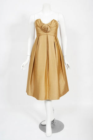 1958 Yves Saint Laurent For Christian Dior Golden Silk Strapless Dress