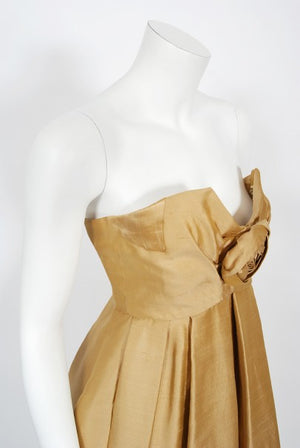 1958 Yves Saint Laurent For Christian Dior Golden Silk Strapless Dress