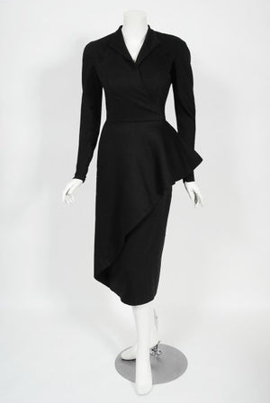 1949 Lanvin Haute Couture Sculpted Black Wool Documented Dress