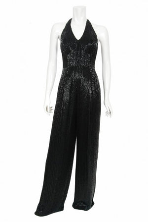 1970's Black Fully-Beaded Silk Satin Halter Custom Couture Jumpsuit