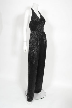 1970's Black Fully-Beaded Silk Satin Halter Custom Couture Jumpsuit