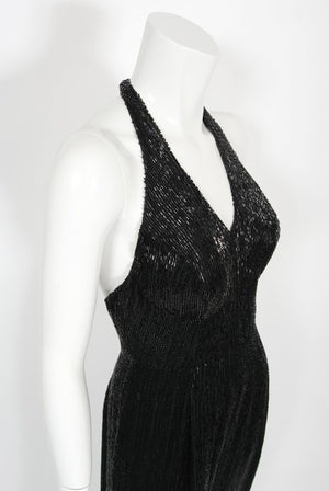 1970's Black Fully-Beaded Silk Satin Halter Custom Couture Jumpsuit