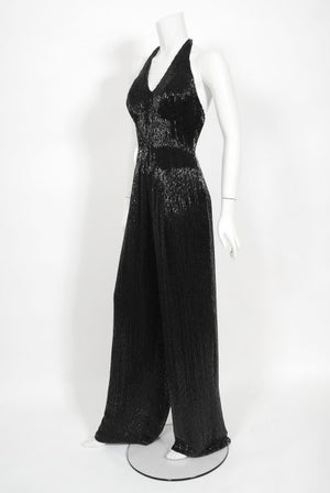 1970's Black Fully-Beaded Silk Satin Halter Custom Couture Jumpsuit