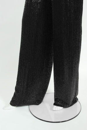 1970's Black Fully-Beaded Silk Satin Halter Custom Couture Jumpsuit