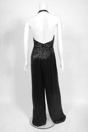 1970's Black Fully-Beaded Silk Satin Halter Custom Couture Jumpsuit