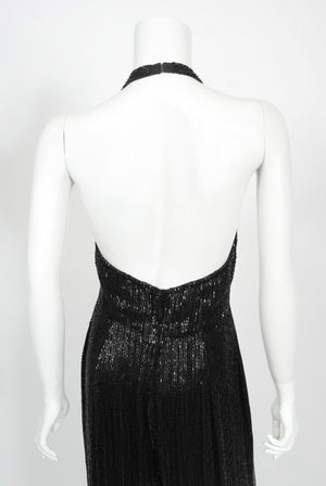 1970's Black Fully-Beaded Silk Satin Halter Custom Couture Jumpsuit