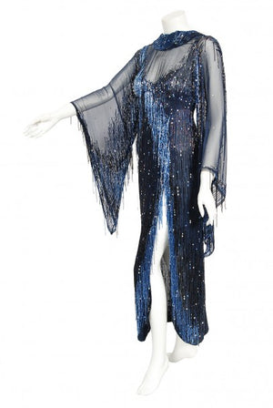 1970's Bob Mackie For Debbie Reynolds Documented Blue Beaded Silk High-Slit Gown