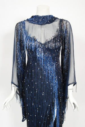 1970's Bob Mackie For Debbie Reynolds Documented Blue Beaded Silk High-Slit Gown