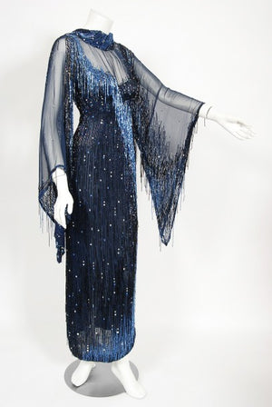 1970's Bob Mackie For Debbie Reynolds Documented Blue Beaded Silk High-Slit Gown