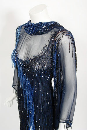 1970's Bob Mackie For Debbie Reynolds Documented Blue Beaded Silk High-Slit Gown