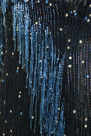 1970's Bob Mackie For Debbie Reynolds Documented Blue Beaded Silk High-Slit Gown