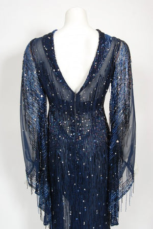 1970's Bob Mackie For Debbie Reynolds Documented Blue Beaded Silk High-Slit Gown