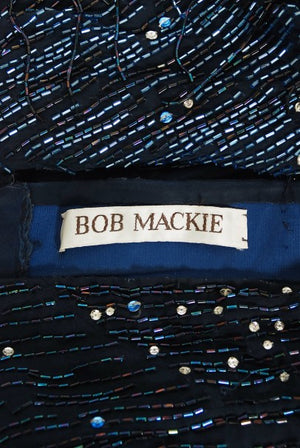 1970's Bob Mackie For Debbie Reynolds Documented Blue Beaded Silk High-Slit Gown