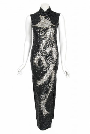 1960's Black & Silver Sequin Beaded Phoenix Bird Hourglass Cheongsam Gown