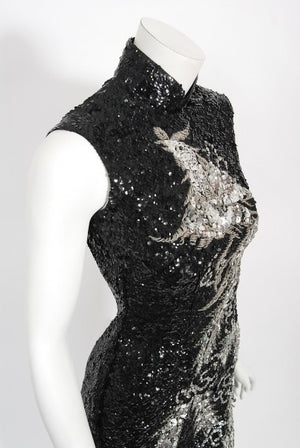 1960's Black & Silver Sequin Beaded Phoenix Bird Hourglass Cheongsam Gown