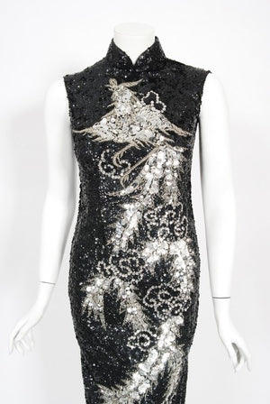 1960's Black & Silver Sequin Beaded Phoenix Bird Hourglass Cheongsam Gown