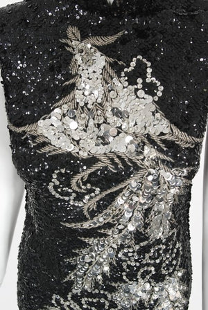 1960's Black & Silver Sequin Beaded Phoenix Bird Hourglass Cheongsam Gown