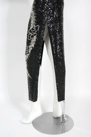 1960's Black & Silver Sequin Beaded Phoenix Bird Hourglass Cheongsam Gown