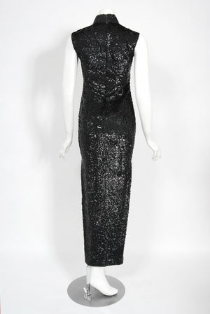 1960's Black & Silver Sequin Beaded Phoenix Bird Hourglass Cheongsam Gown