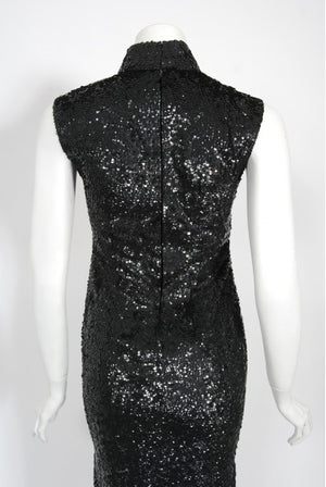 1960's Black & Silver Sequin Beaded Phoenix Bird Hourglass Cheongsam Gown