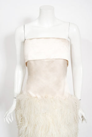 1960's Arnold Scaasi Couture Ivory Satin Feather Strapless Gown w/ Shawl