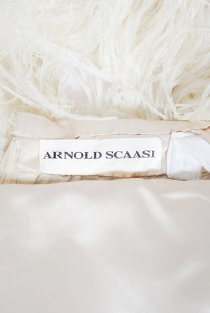 1960's Arnold Scaasi Couture Ivory Satin Feather Strapless Gown w/ Shawl