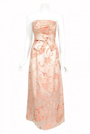 1963 Pierre Balmain Couture Documented Metallic Pink Silk Strapless Gown